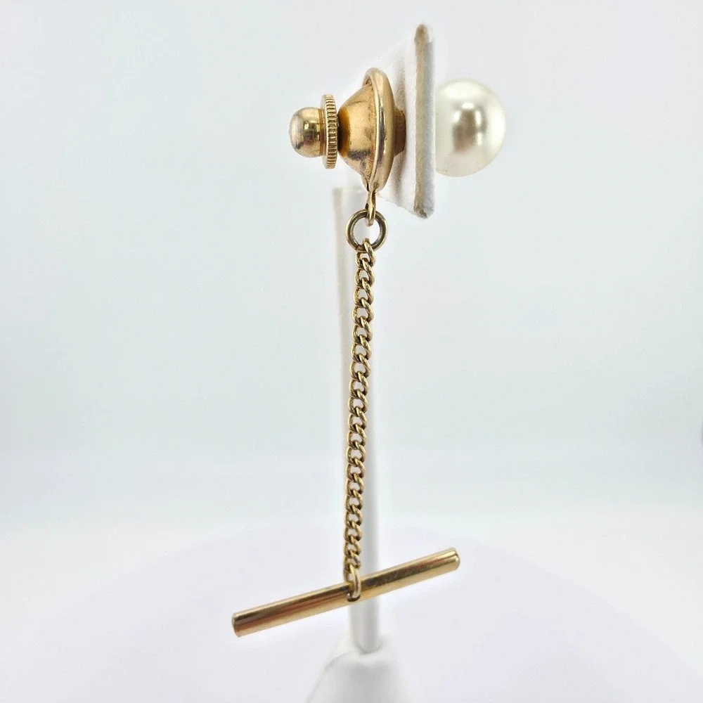Vintage Faux Pearl Tie Tack Pin Buttonhole Barbell Chain Gold Tone FREE $HIP!!!